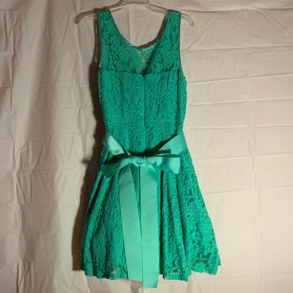 Mint Lace Short Dress with Tulle Lining Satin Bow - Picture 3 of 8